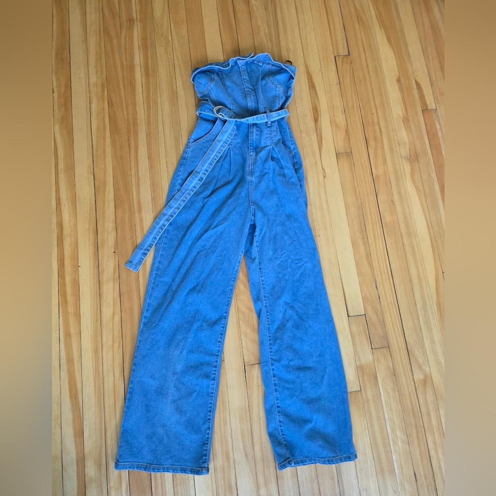 Forever 21 Denim Strapless Wide-Leg Jumpsuit with Self-Tie Belt